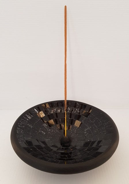 Black Mosaic Incense Holder, 15cm in diameter, features intricate design for catching ash and enhancing home decor.
