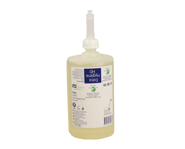 Clear liquid hand soap in 1L bottles, ideal for hygiene-sensitive environments, effective against bacteria, hypoallergenic formula.