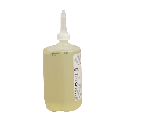 Clear liquid hand soap in 1L bottles, formulated for hygiene-sensitive areas; effective against bacteria, perfume-free, and skin-friendly.
