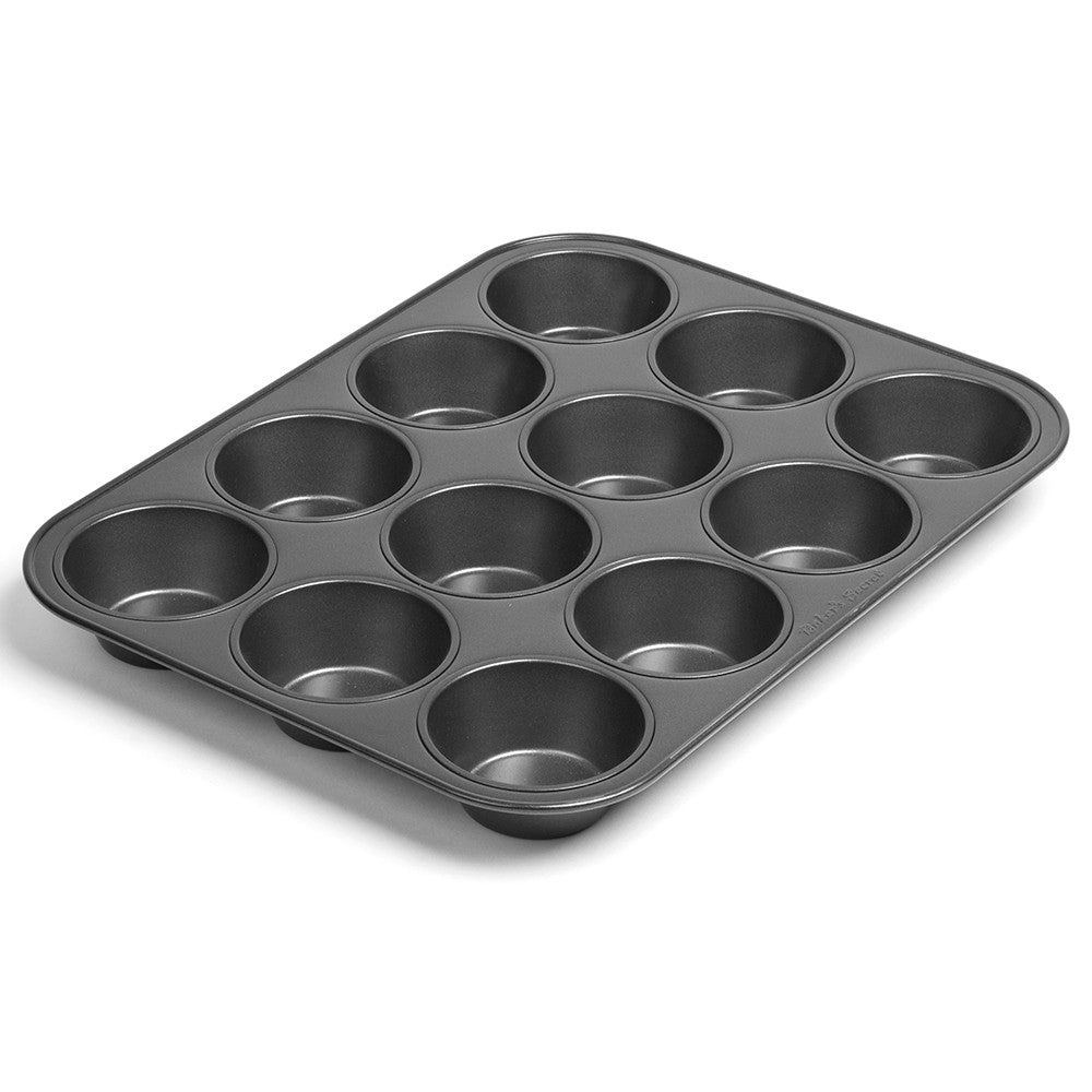 Baker's Secret 12-Cup Muffin Tin with non-stick coating for easy baking and cleanup, metal spatula safe, dishwasher safe.