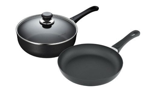 Scanpan Classic 3pc Cookware Set featuring durable aluminum with non-stick coating, ideal for versatile cooking on gas and ceramic stoves.