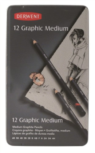 Derwent Graphic Pencils tin featuring 12 versatile pencils, ideal for detailed illustrations and smooth shading.