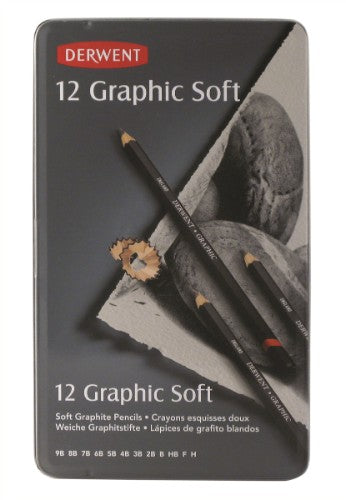 Tin of 12 Derwent Graphic Soft Pencils showcasing hexagonal barrels, perfect for detailed sketches and smooth shading.