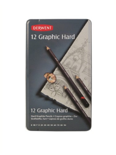 Derwent Graphic Pencils Tin of 12 featuring hexagonal matte black barrels, offering a full range from 9H to 9B for detailed art.