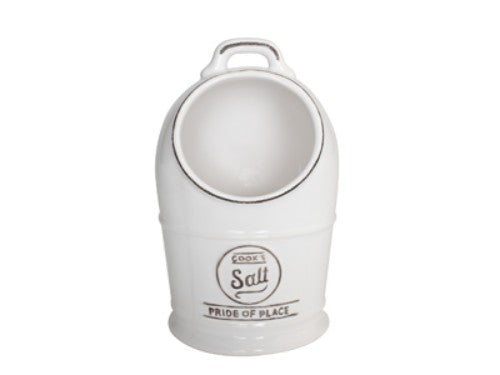 Chic white Salt Pig for storing salt, features a pig-shaped lid and an open design for easy access and freshness.