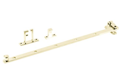 Brass plated casement stay 355mm for side hung windows, includes packer and stainless steel fixings for durable installation.
