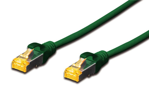 Green 1M Digitus S-FTP CAT6A patch lead with RJ45 connectors, designed for high-performance networking and minimal interference.