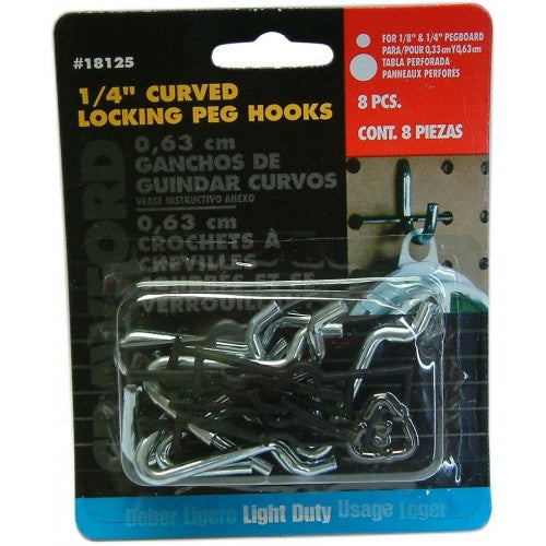 Curved pegboard hooks for hanging tools and hardware, enhancing organization in garages and workshops.