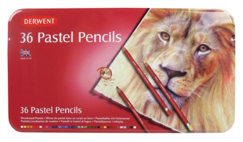 Assorted tin of 36 Derwent Pastel Pencils featuring soft, vibrant colors in a clean, mess-free design for artists.