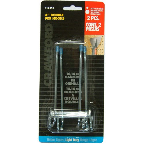 Double arm pegboard hooks for organized storage of tools and supplies, fitting 1/8 inch pegboard seamlessly.