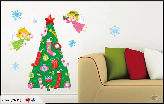 Vibrant Christmas wall decal featuring a tree topped with an angel, perfect for festive home decor and easy to reposition.