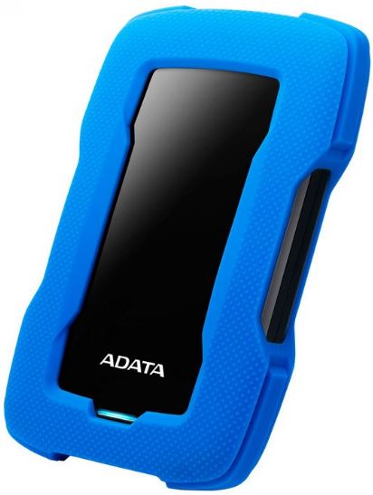 Blue ADATA HD330 1TB external HDD featuring durable silicone casing, USB 3.1, shock sensors, and AES 256-bit encryption.