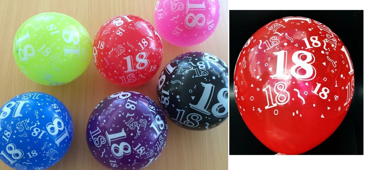 Assorted 18th printed helium balloons in vibrant colors, perfect for birthday celebrations, measuring 30cm each.