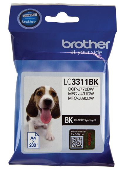 Brother LC3311BK Black Ink Cartridge for crisp black text, yielding up to 200 pages, compatible with MFC-J491DW printers.