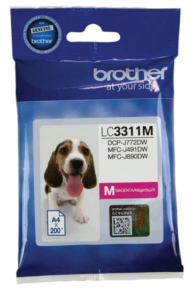 Magenta ink cartridge for Brother printers, yielding up to 200 pages, perfect for vibrant photos and sharp text.