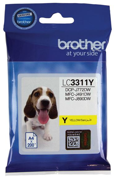 Brother LC3311Y Yellow Ink Cartridge for vibrant prints, compatible with MFCJ491DW, yields up to 200 pages at 5% coverage.