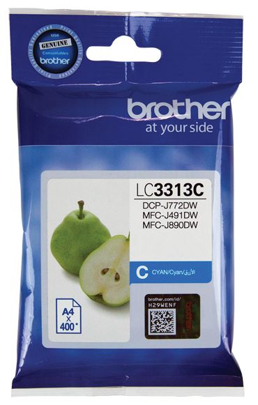 High-yield Brother LC3313C Cyan Ink Cartridge for vibrant prints, lasting up to 400 pages, compatible with MFCJ491DW.