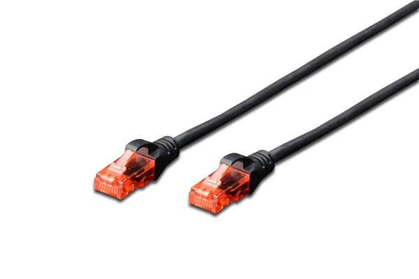 Black 1.5M Digitus UTP CAT6 patch lead with RJ45 connectors, ideal for high-speed networking and durable strain relief.