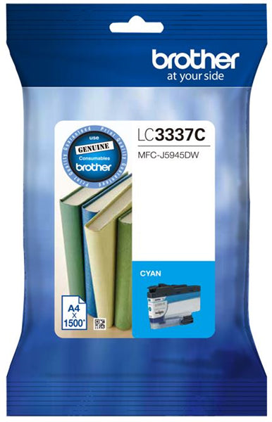 Brother LC3337C Cyan Ink Cartridge for vibrant, professional-quality prints with 1500-page yield, compatible with MFCJ5945DW, MFCJ6945DW.