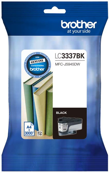 Brother LC3337BK Black Ink Cartridge for sharp prints, compatible with MFCJ5945DW and MFCJ6945DW, lasts up to 3000 pages.