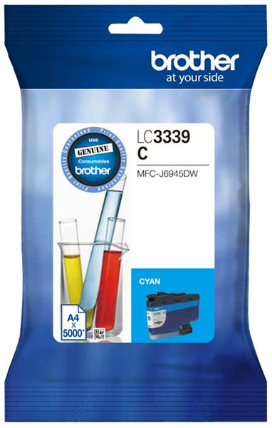 Brother LC3339XLC Cyan Ink Cartridge for vibrant, high-quality prints; yields up to 5000 pages, compatible with MFCJ5945DW, MFCJ6945DW.