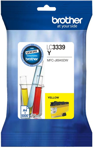 Brother LC3339XLY Yellow Ink Cartridge for vibrant prints, compatible with MFCJ5945DW and MFCJ6945DW, yields up to 5000 pages.