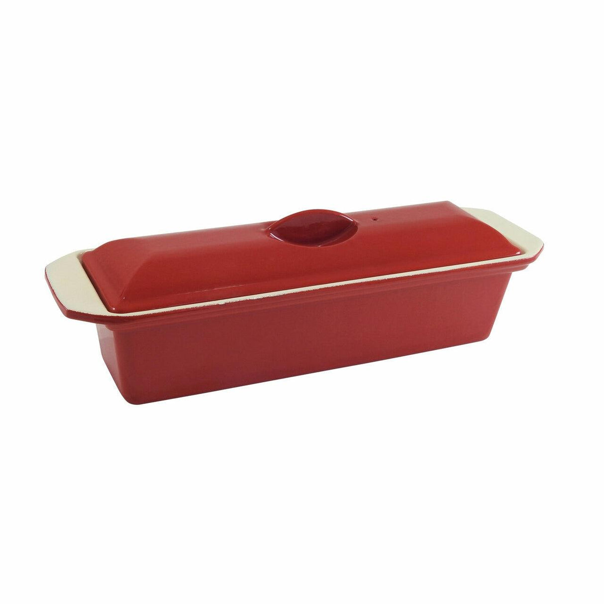 Chasseur Federation Terrine Red: 32cm cast iron cookware with vibrant enamel, perfect for baking and braising, made in France.