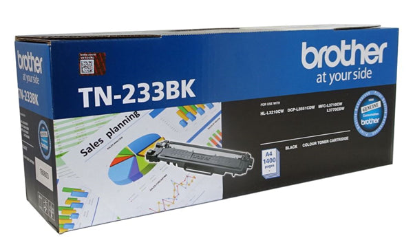 Brother TN-233BK Black Toner Cartridge for crisp prints, yielding up to 1,400 pages, compatible with various Brother printers.