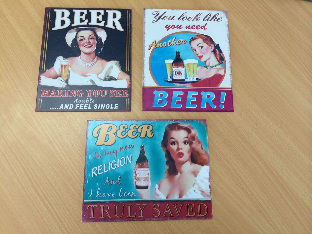 Set of 3 vintage-inspired metal wall art plaques celebrating beer, perfect for home decor or as a gift.