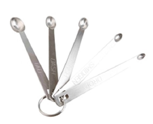 Tiny measuring spoons set for precise cheese making, including Tad, Dash, Pinch, Smidgen, and Drop sizes.