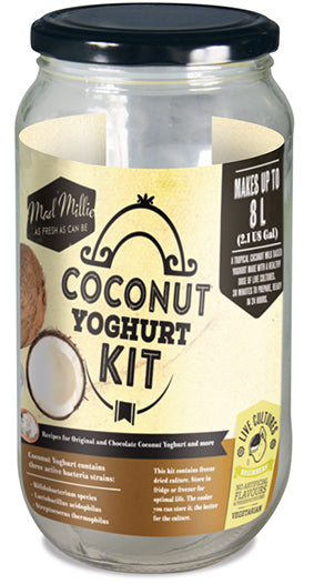 Mad Millie Coconut Yoghurt Kit for homemade yoghurt with tropical flavor, live cultures, and recipes for delicious dishes.