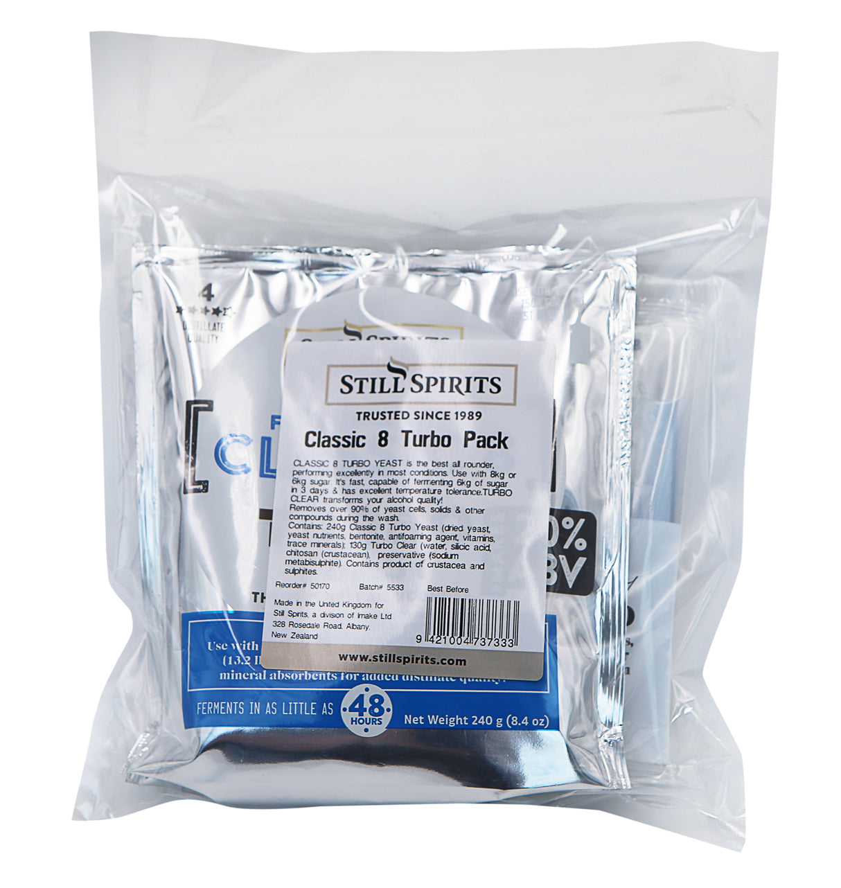 All-in-one Still Spirits Classic 8 Turbo Pack for efficient home distilling with turbo yeast, Turbo Clear, and Turbo Carbon.