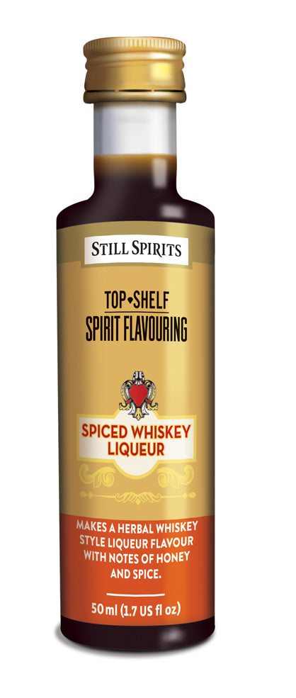 Bottle of SS Top Shelf Spiced Whiskey Liqueur, showcasing a rich blend of honey and aromatic spices for sipping or cocktails.