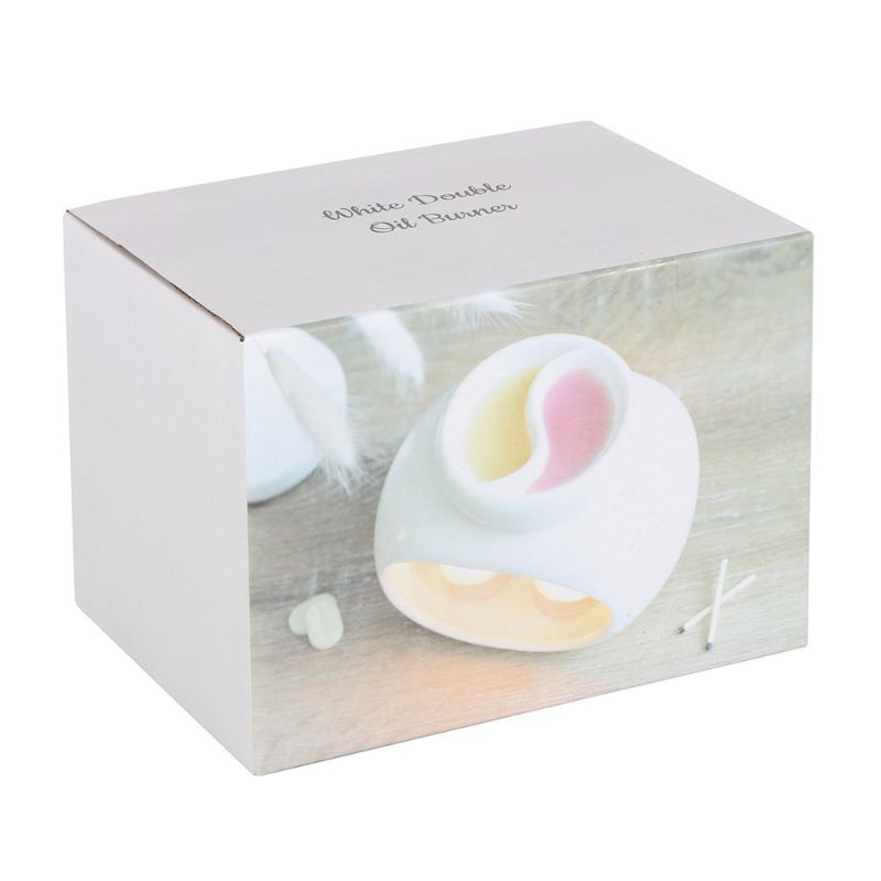 Off White Double Ceramic Oil Burner with divided bowl for custom scents, 10x14x10.5 cm, elegant addition to home decor.