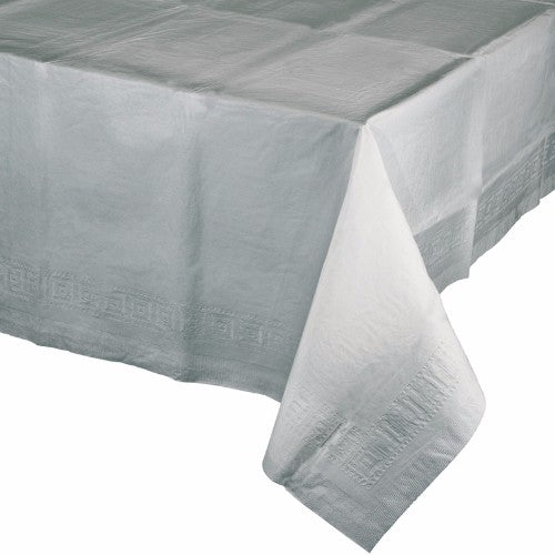 Shimmering silver plastic tablecover (137cm x 274cm) enhances decor and protects against spills for any occasion.