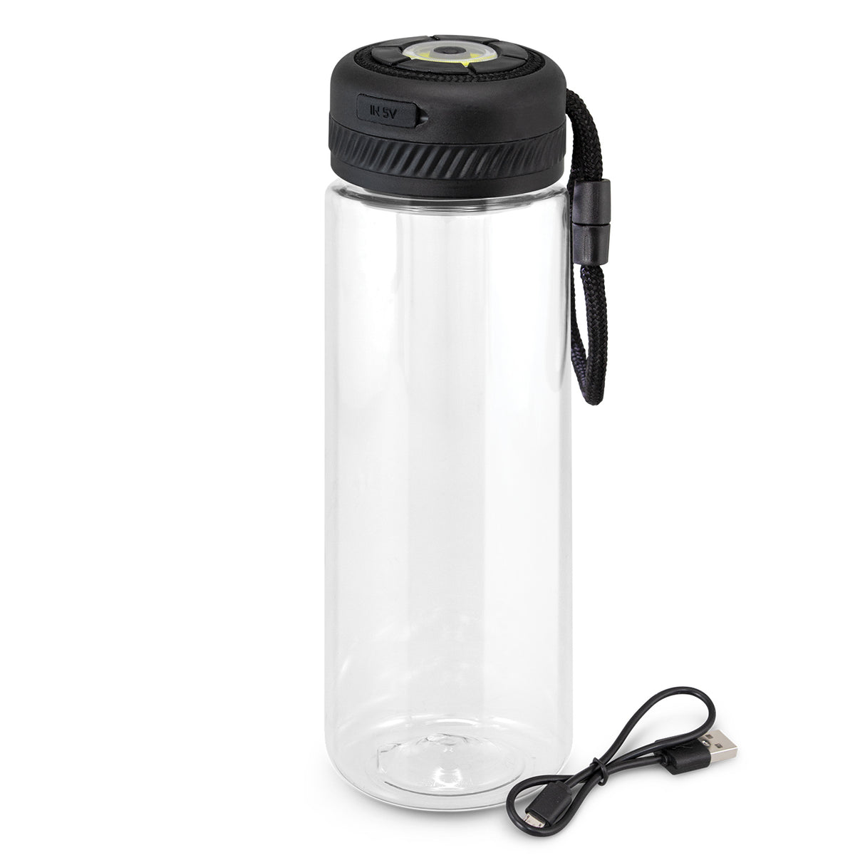 Black Lumino COB Light Bottle, 700ml, features dual light modes, rechargeable, shatterproof, and includes a woven carry loop.