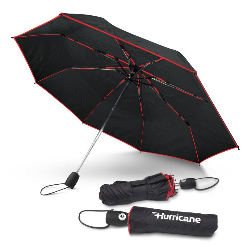 Red and black tri-fold umbrella with 1000mm canopy, automatic opening, and durable fiberglass ribs for stormy weather.