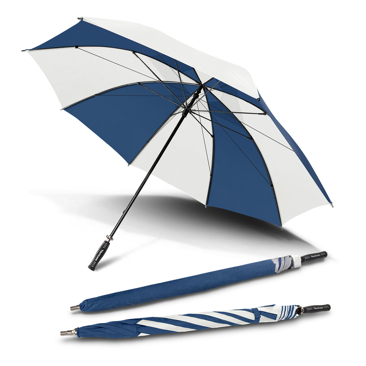 Sport umbrella in royal and white, featuring a large vented canopy, robust fiberglass structure, and ergonomic hand grip.