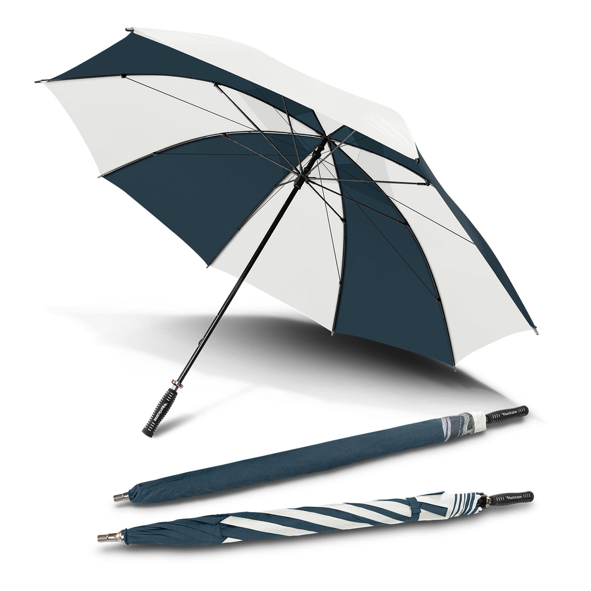Navy and white Hurricane Sport Umbrella with fibreglass shaft, 1340mm canopy, and durable design for outdoor activities.