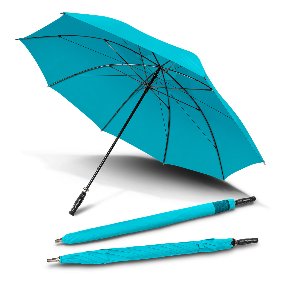 Cyan Hurricane Sport Umbrella with an extra-large vented canopy, fibreglass ribs, and durable design for outdoor activities.