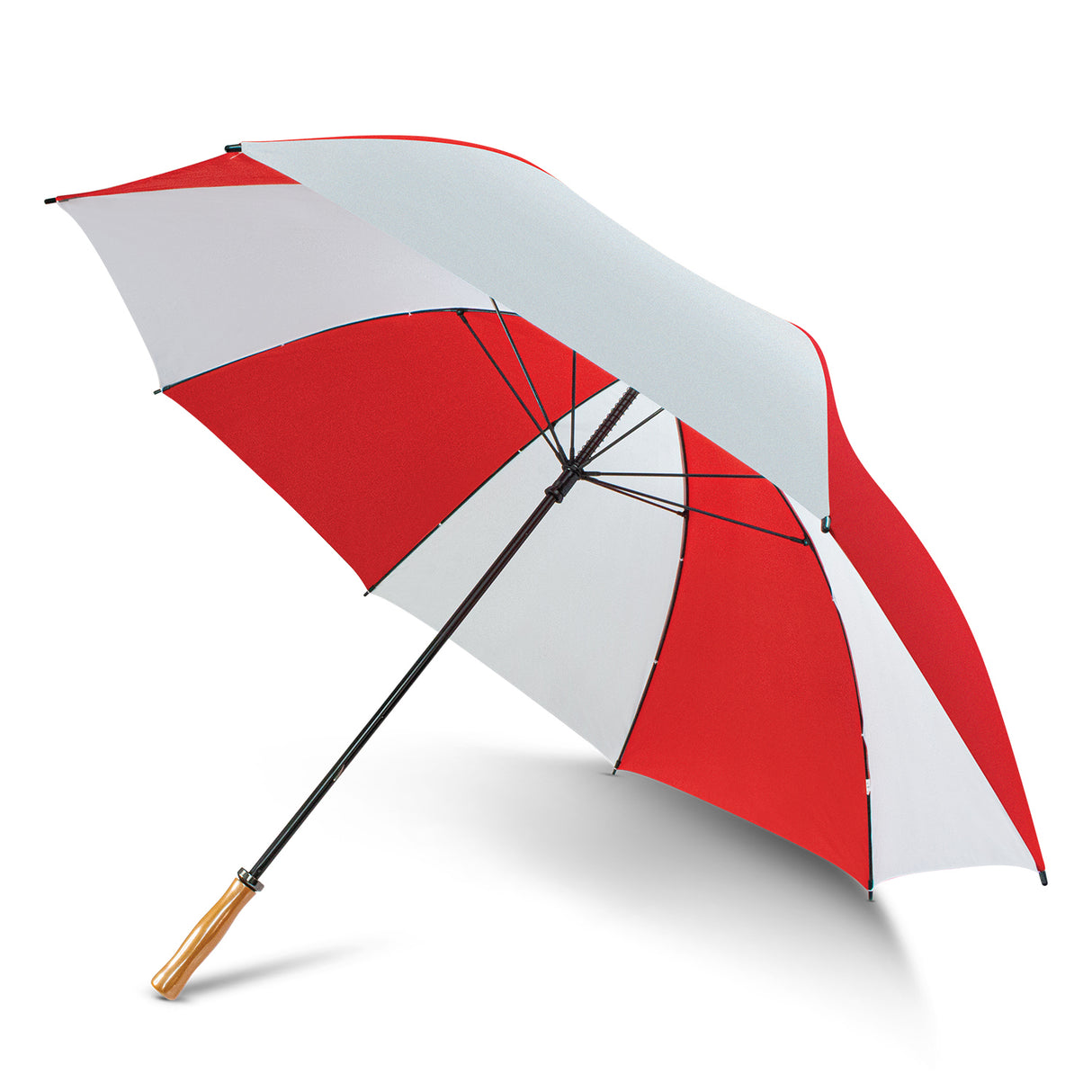 Stylish red and white Pro Umbrella with a large canopy, durable ribs, and a classic wooden hand grip for elegant weather protection.