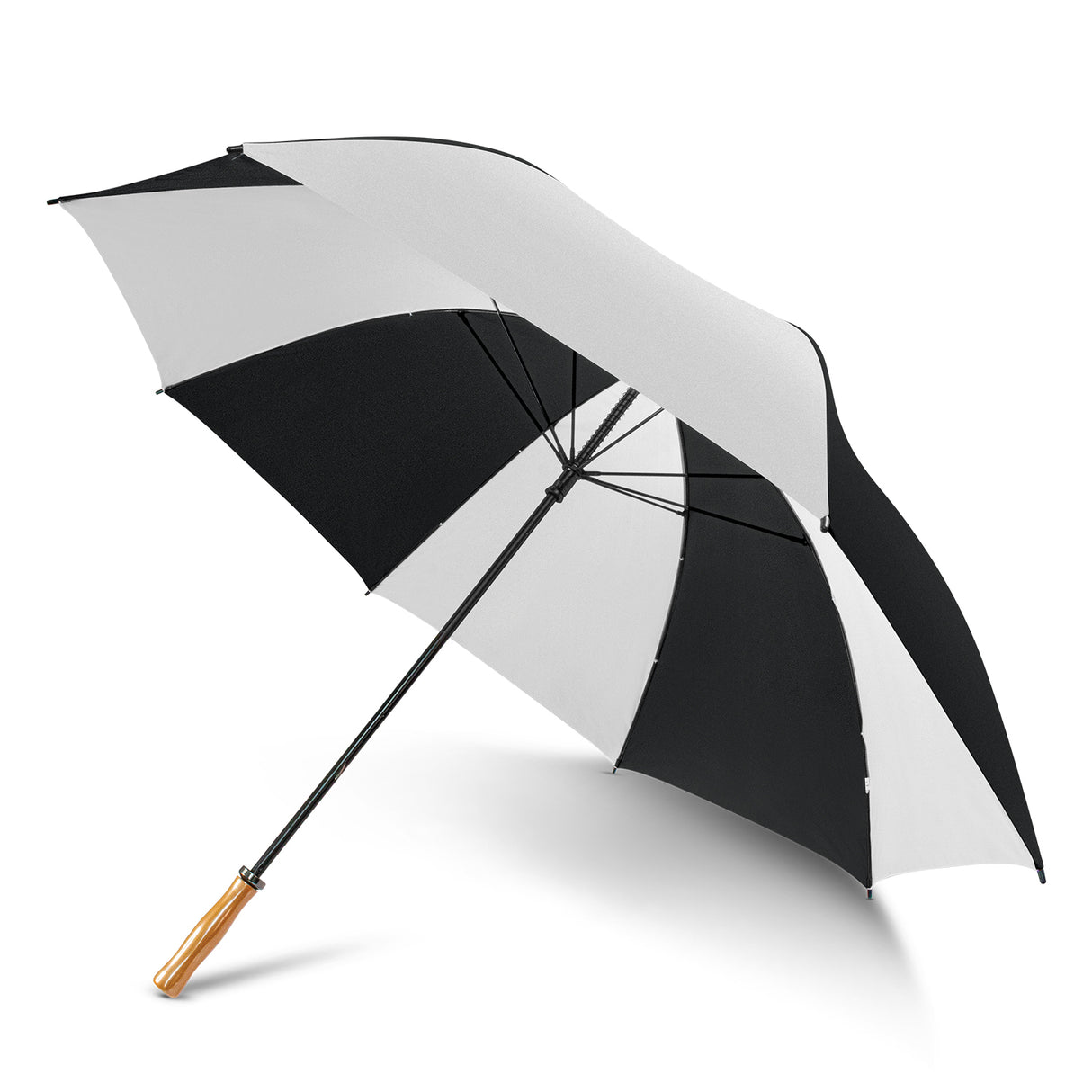 Black and white Pro Umbrella with spacious 1320mm nylon canopy, durable fibreglass ribs, and a stylish wooden handle.