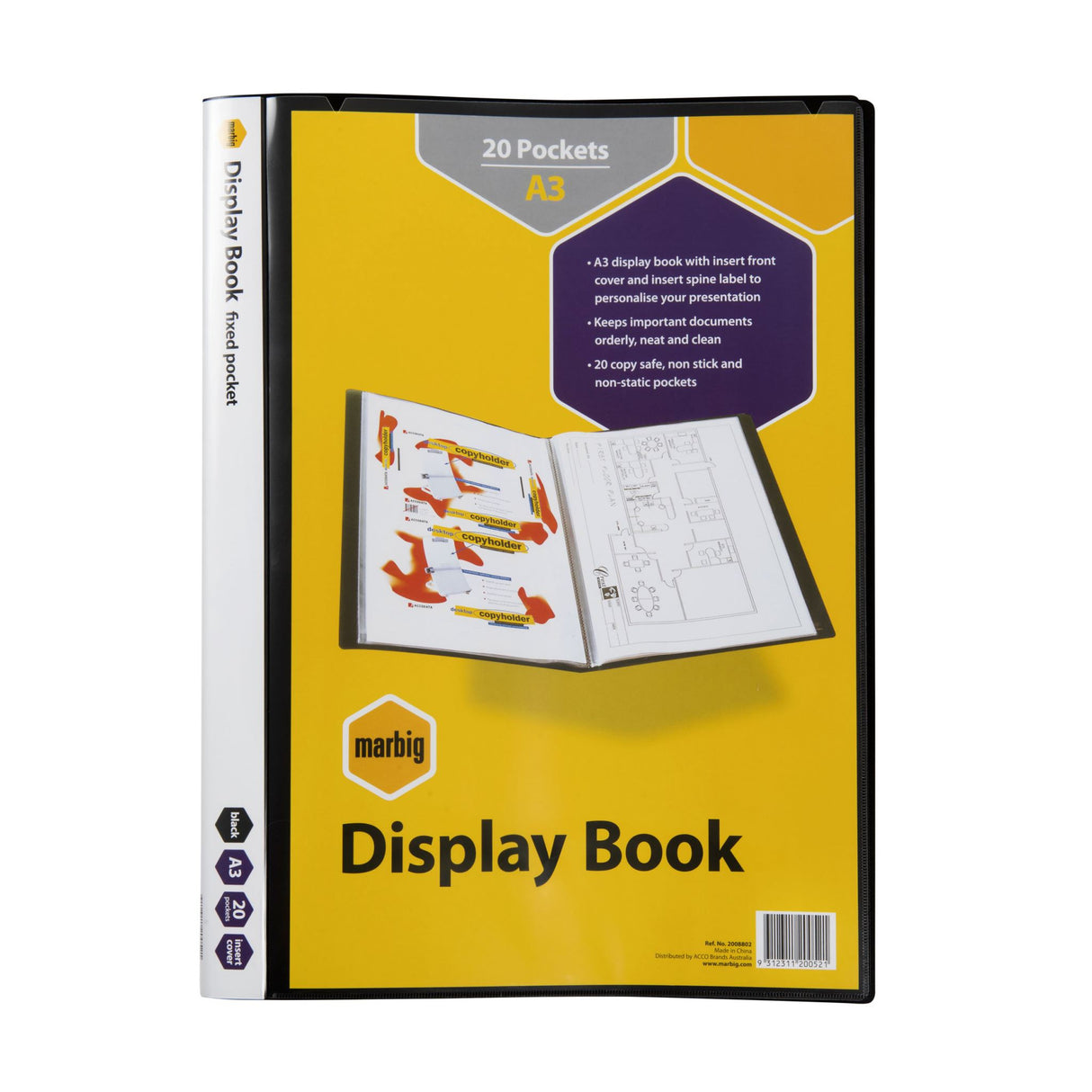 Marbig A3 display book with 20 pockets, black, features customizable cover for professional presentations and document protection.