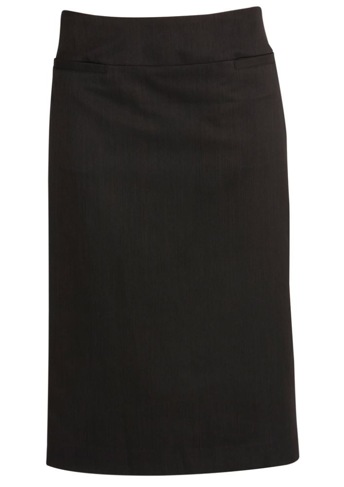 Ladies relaxed fit black skirt with breathable fabric, knee-length style, and back split for ease of movement.