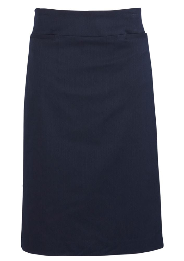 Navy ladies relaxed fit skirt from Biz Collection, featuring a split back hem and concealed zip for comfort and style.