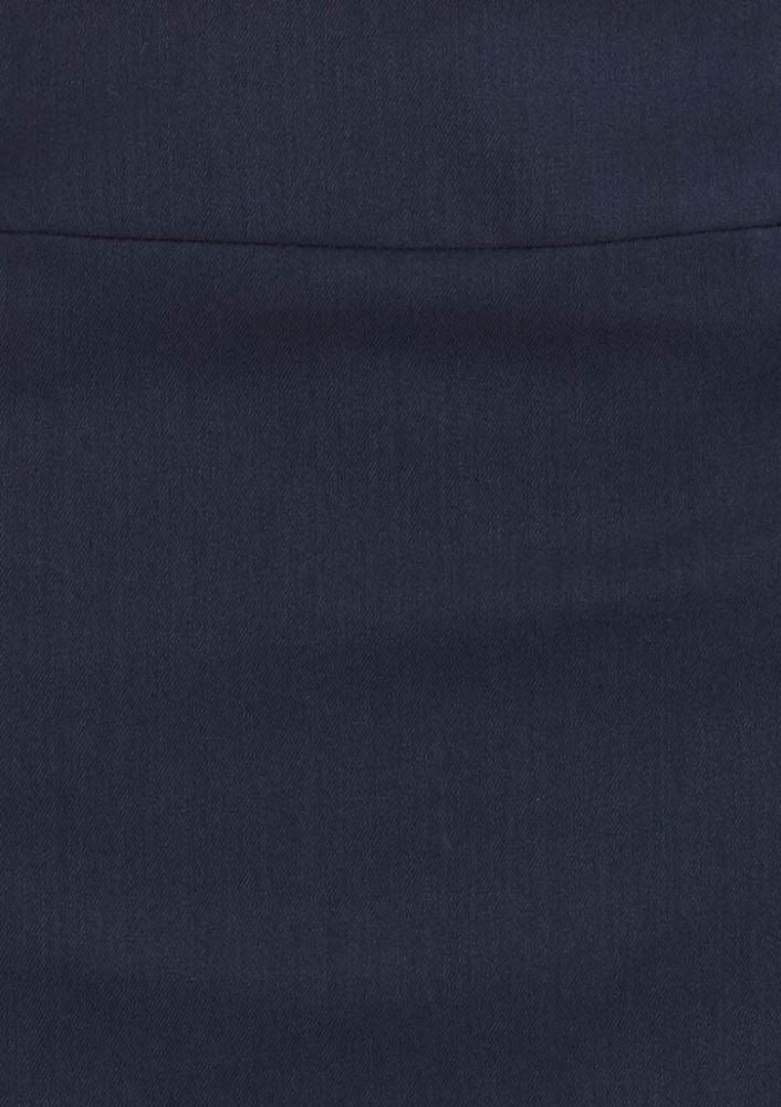 Ladies Relaxed Fit Skirt in Charcoal, featuring a comfortable hip sit, below-knee length, back split, and concealed zip closure.