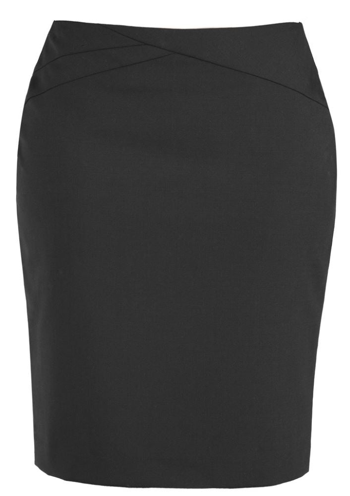 Charcoal ladies chevron skirt with decorative waistband, back split, and concealed zip for stylish comfort from Biz Collection.