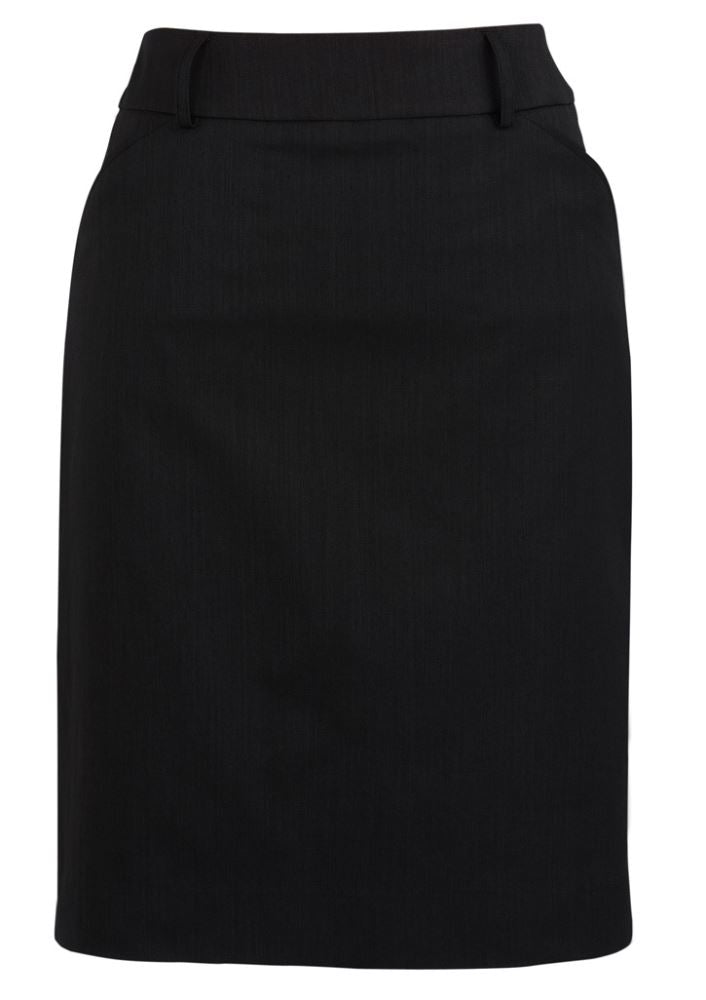Ladies Black Multi-Pleat Skirt size 18 with box pleats, side pockets, and knee-length design for versatile styling.