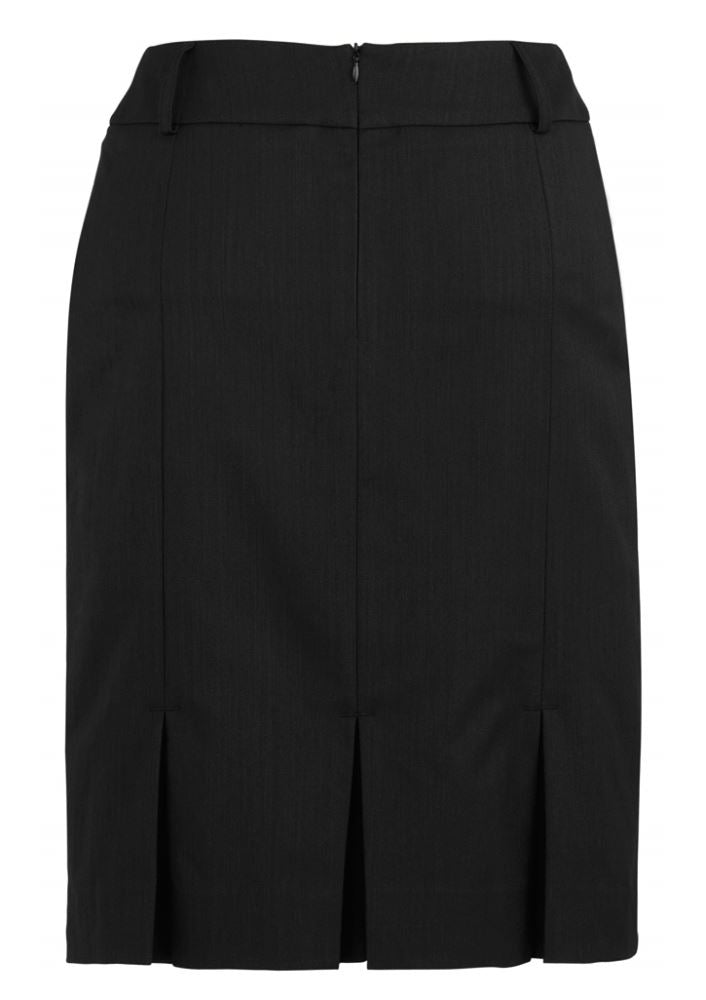 Black Ladies Multi-Pleat Skirt from Biz Collection, featuring rear box pleats, deep pockets, and belt loops for versatile styling.