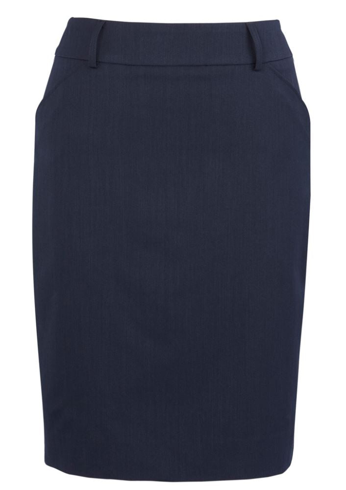 Navy multi-pleat skirt with box pleats, deep pockets, and belt loops for stylish comfort and versatility. Size 14 from Biz Collection.